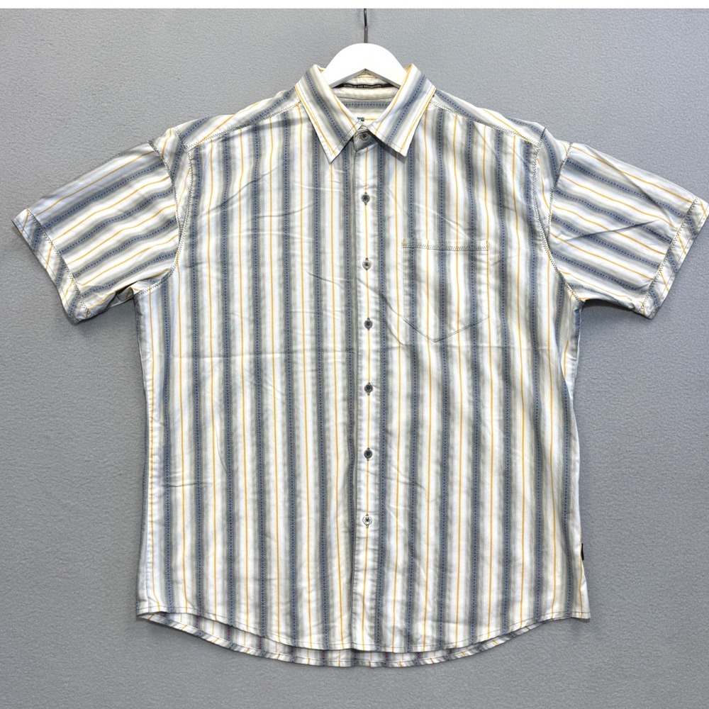 KUHL Striped Button Down Shirt Mens XL White Yellow Blue Short Sleeve Pocket